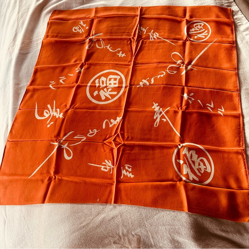 Kimono Shop Vintage Scarf Orange & White With Kanji  26” X 28.5” Made In Japan